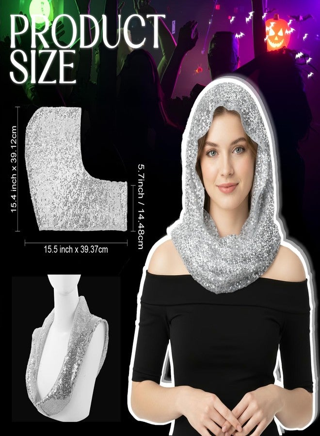 Simlakey Sequin Rave Hood Rave Scarf Outfit Accessories for Women Glitter Hooded Head Scarf for Halloween Concert Costume(Silver) - Image 3